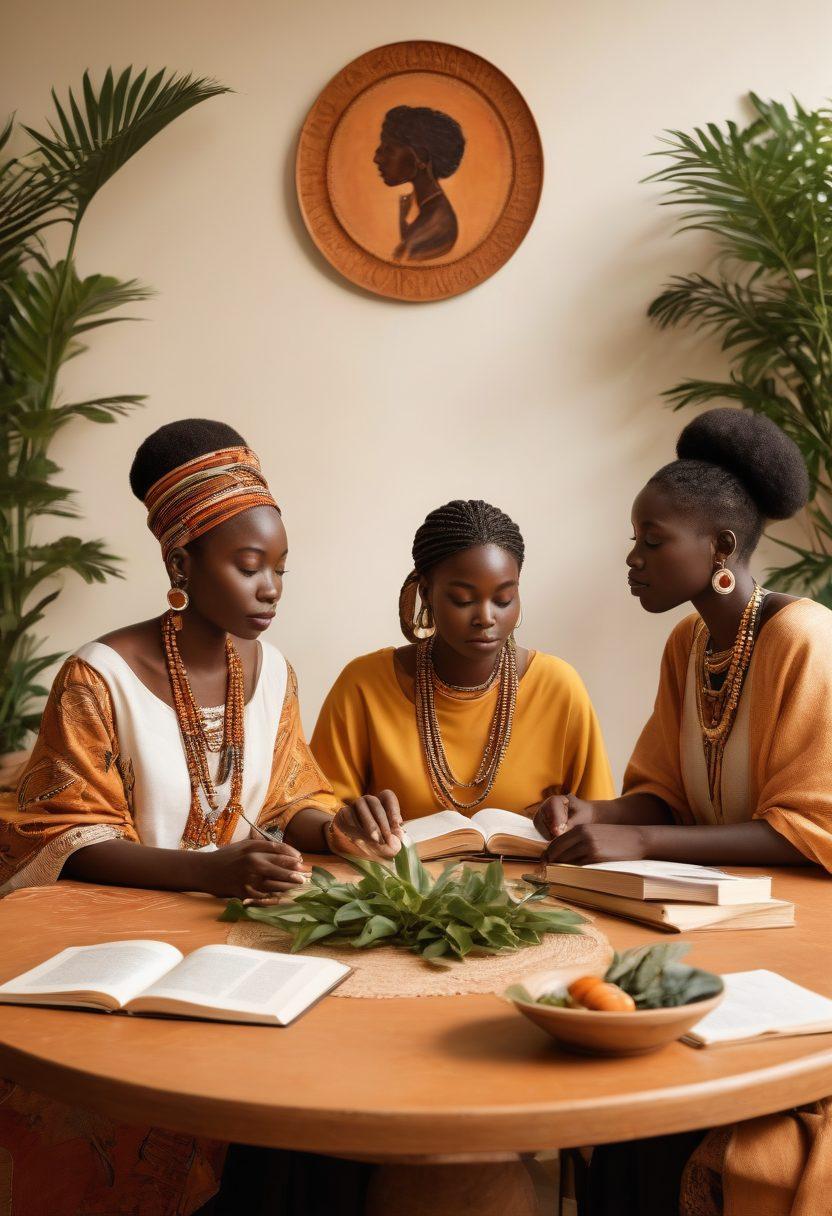 An intimate, warm-lit scene portraying diverse individuals engaged in open conversation around a table, with symbols of various African cultures subtly integrated in the decor. Emphasize connection and empowerment through body language and expressions, while illustrating elements of relationship and education such as books, plants, and sculptures. A soft color palette with vibrant accents to represent Africa's richness. super-realistic. warm colors. white background.
