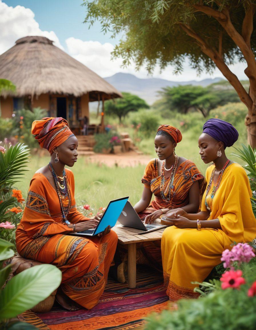 A vibrant African landscape showcasing diverse elements of culture, including traditional textiles and art, intertwined with modern blogging symbols like laptops and social media icons. In the foreground, a group of diverse adults, engaged in a lively discussion, holding books and tablets, surrounded by lush greenery and colorful flowers. The scene should convey a sense of community, creativity, and celebration of erotic wellness within the African context. Use vibrant colors and a warm, inviting atmosphere. super-realistic. vibrant colors. 3D.