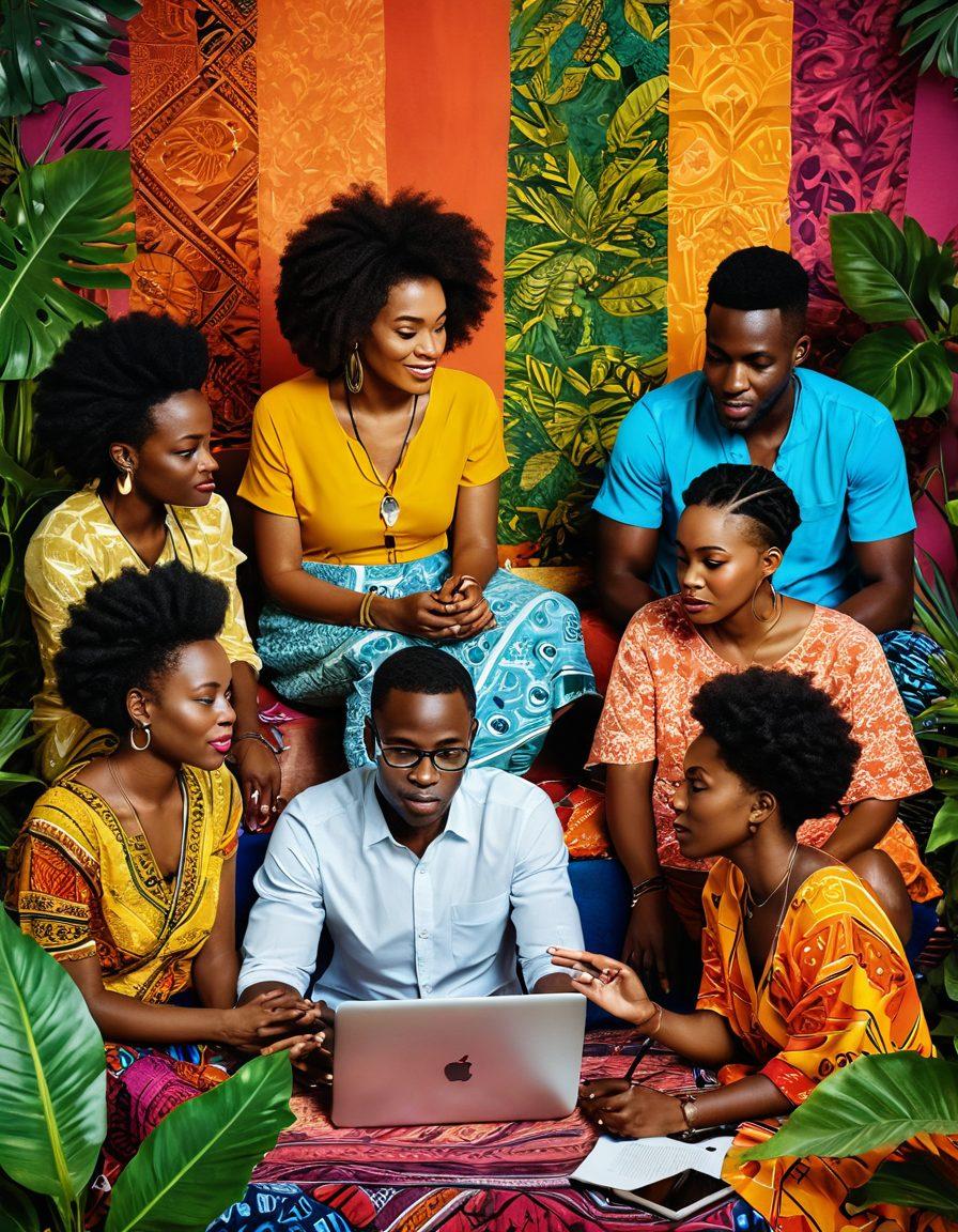 A captivating scene depicting a diverse group of African adults engaged in a lively discussion about intimacy and health, surrounded by colorful plants and traditional fabrics. Include elements such as laptops and smartphones to represent online blogging, while showcasing an atmosphere of openness and support. The background should reflect African culture with vibrant patterns and uplifting colors that symbolize connection and well-being. super-realistic. vibrant colors. rich textures.